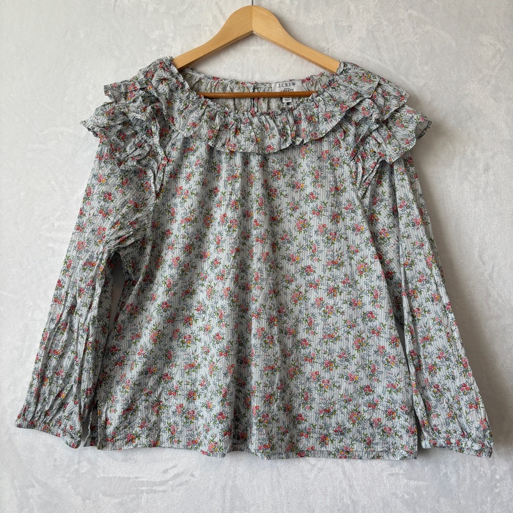 J. Crew Floral Ruffle Long-Sleeve Blouse in White with Pink and Green